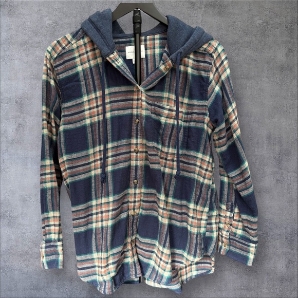American Eagle Outfitters Multicolor Blue Plaid Flannel Hooded Button Women’s S - Picture 4 of 9